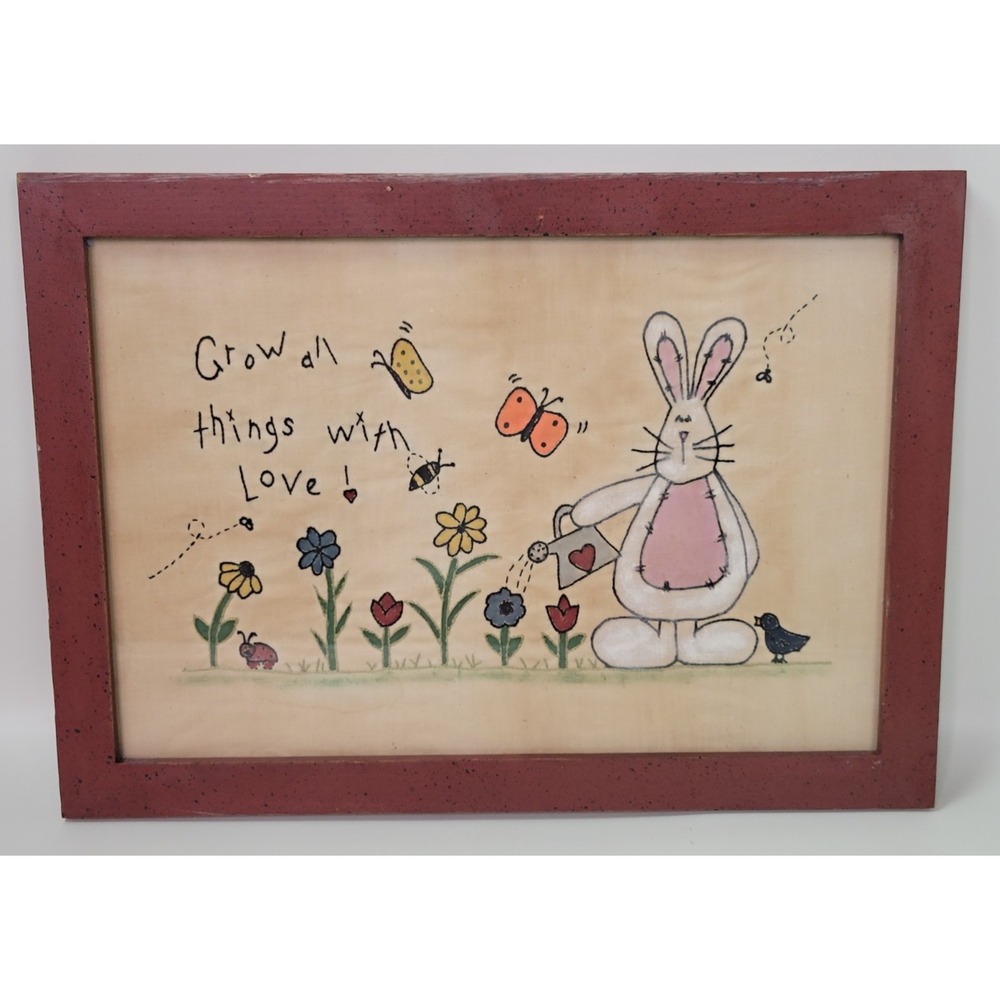 Vtg Framed Folk Art Needlework Grow All Things With Love Bunny‎ Rabbit 17.5x12.5